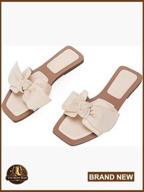 Women's Slip-On Bow Sandals Square Toe Flat Slides Summer Casual Dressy